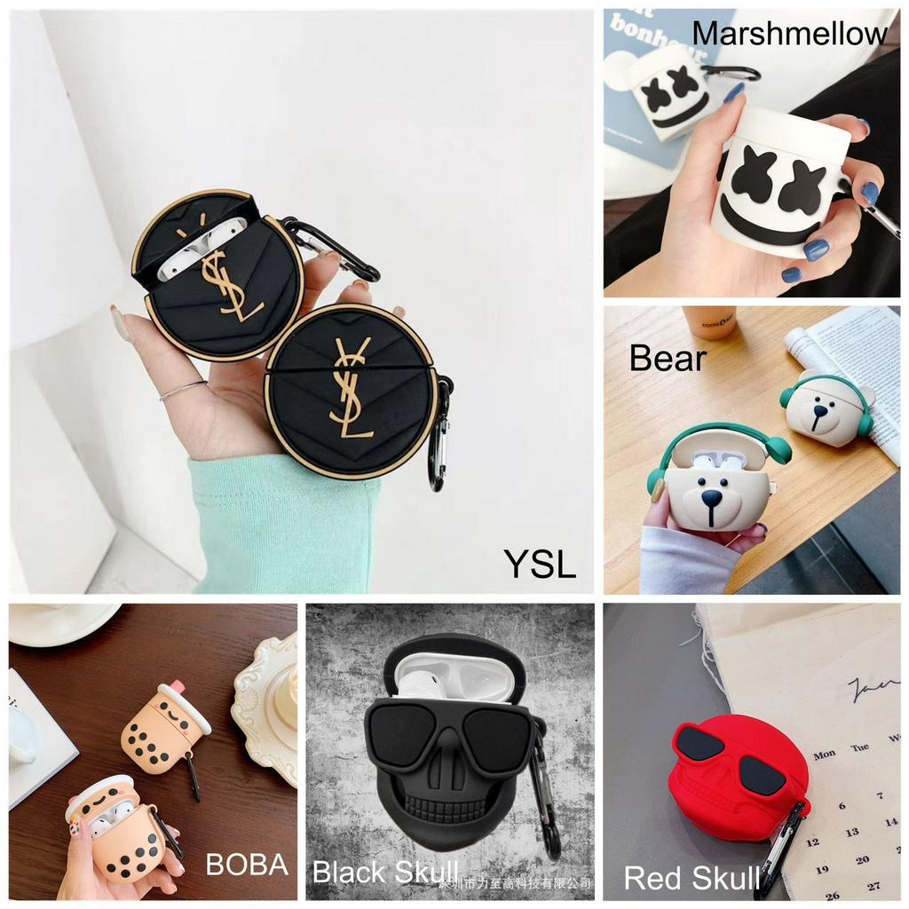 Silikon Case Keren AirPods 3D Bear YSL Marshmellow AirPods 1 2 3 2022 PRO 1 2 Gen 1 2 3 PRO 1 2 Silikon Silicone Earpods Inpods Earphone Softcase Pouch Motif Keren Lucu Karakter Cartoon Carbon Karbon