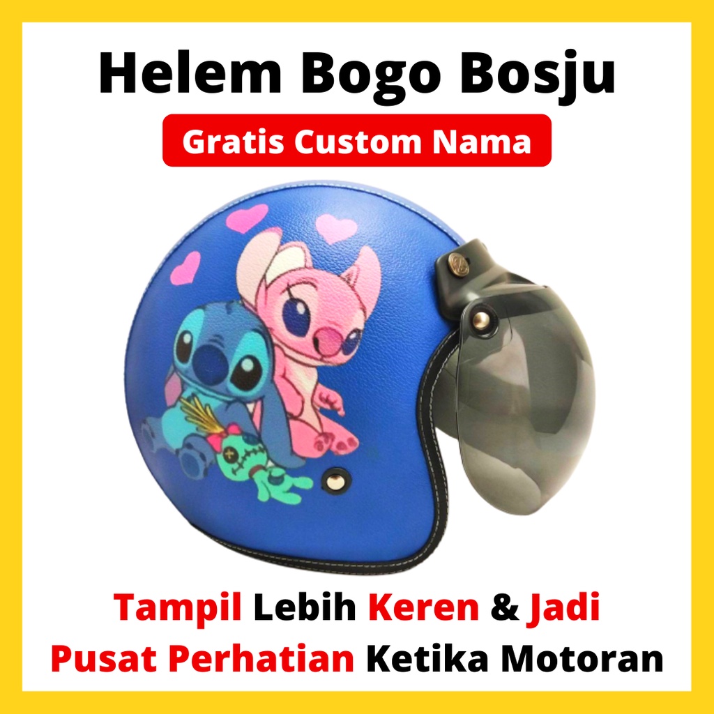 HELM BOGO RETRO KULIT WANITA DEWASA KACA DATAR MOTIF MONSTER PINK BIRU LUCU IMUT - HELEM BOGO BOSJU