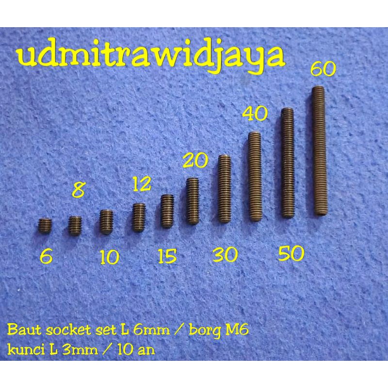baut socket set L screw 6mm M6 m6x6,8,10,12,15, 20, 30, 40, 50,60 kunci L 3mm setara baut kunci 10an baut tanpa kepala baut baud borg baut pengunci baut senapan L socket set