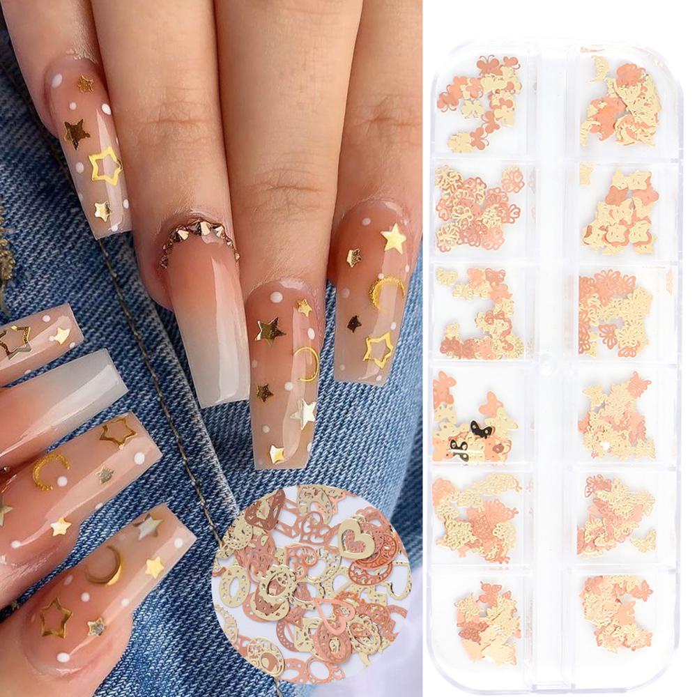 AUGUSTINA Agustina DIY Dekorasi Nail Art Bintang Slice Hollow Kupu Cinta Daun 3D Alloy Berlian Imitasi