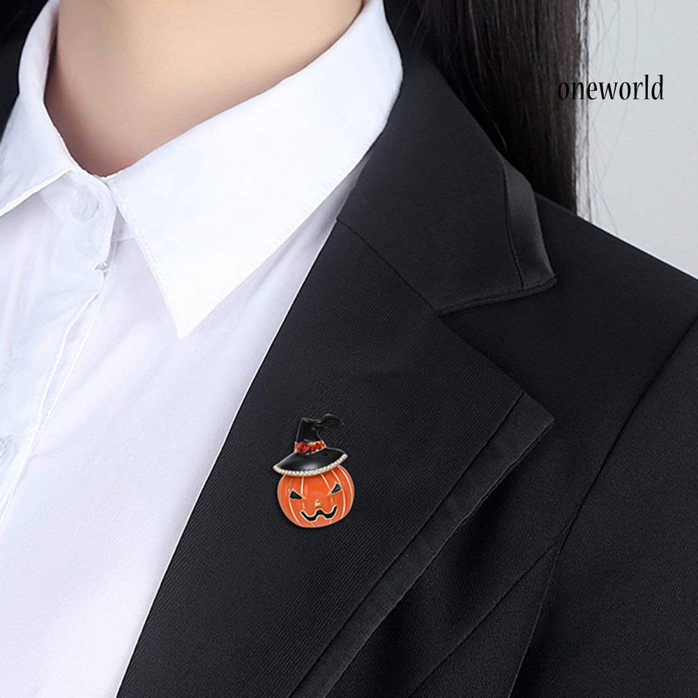 OW@ Halloween Pumpkin Rhinestone Inlaid Enamel Brooch Pin Sweater Shirt Collar Badge