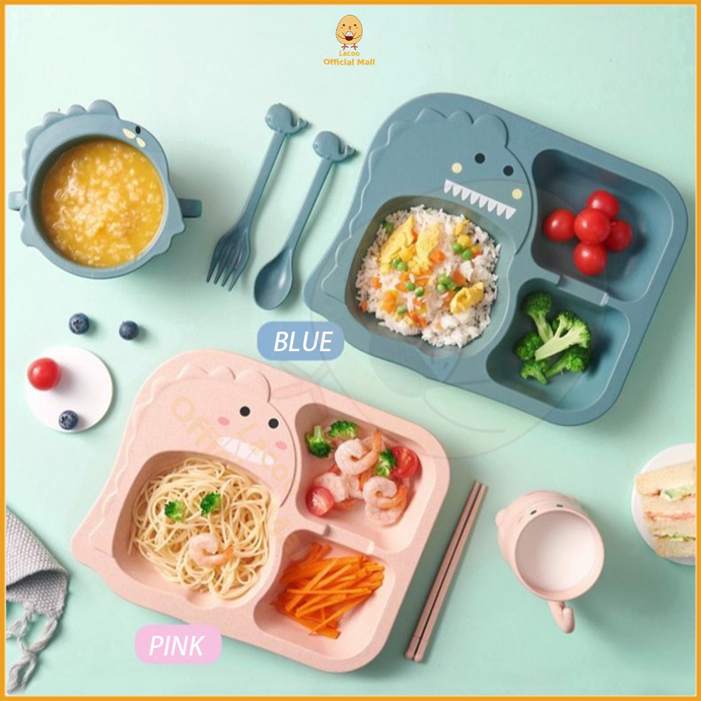 Lacoo Set tempat alat makan bayi Dinosaurus Peralatan piring makan bayi anak BPA Free