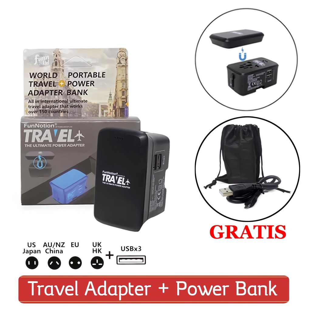 aha FUNN Colokan Listrik dengan Power Bank 4000 mAh BONUS Kantong dan kabel Adaptor Universal US EU 