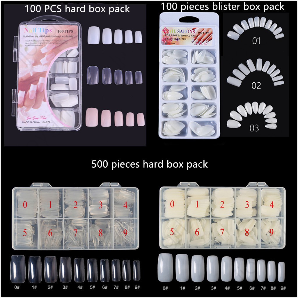 100 Fingernail Special Fake Nail Blister Box Packing Short Square/Long Square/Drop Shape Natural Color/Transparent/Pink