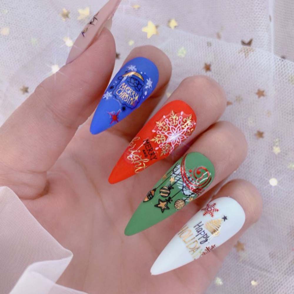 Mxbeauty Stiker Laser Holografik 3d Motif Kartun Santa Snowman Snowflake Rusa Natal Warna Emas Untuk Dekorasi Nail Art