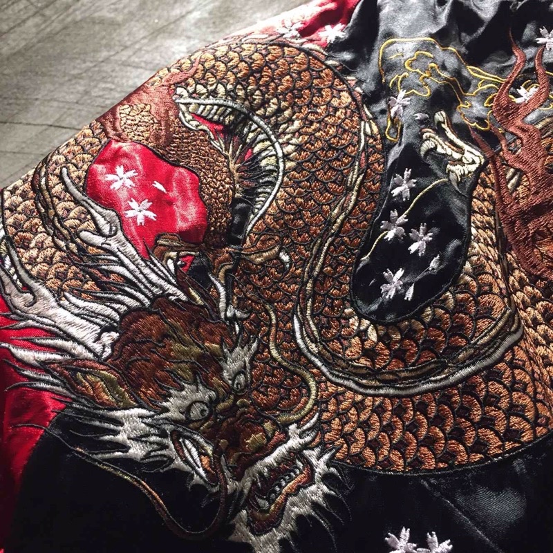 SK1 JAKET SUKAJAN FULL BORDIR DRAGON TIGER BASEBALL PRIA JEPANG BLACK MAROON MEWAH YOKOSUKA