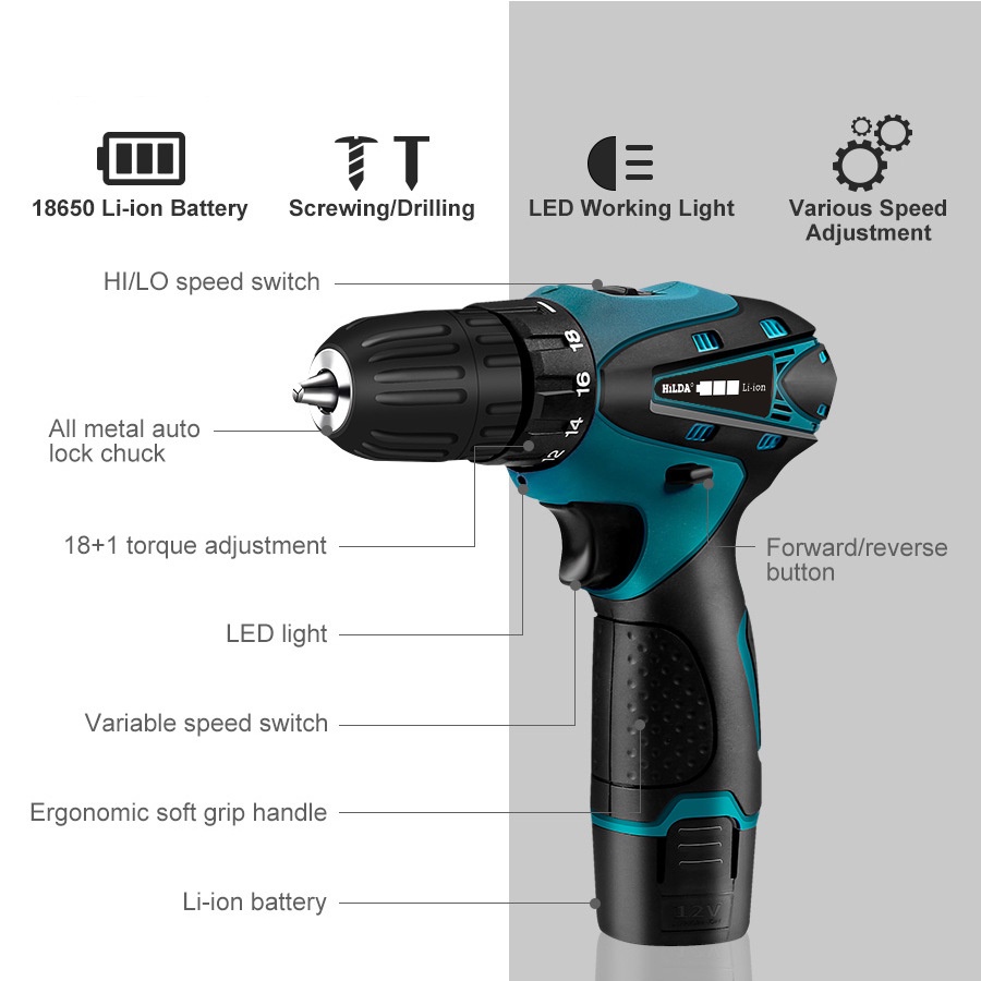 【COD+Pengiriman Cepat】 Mesin Bor Baterai 10mm 12V Mesin Bor Listrik Dual Speed Cordless Drill Set Dua Kecepatan Bor Listrik Obeng Elektrik 1/2 Batteries Pengisi daya