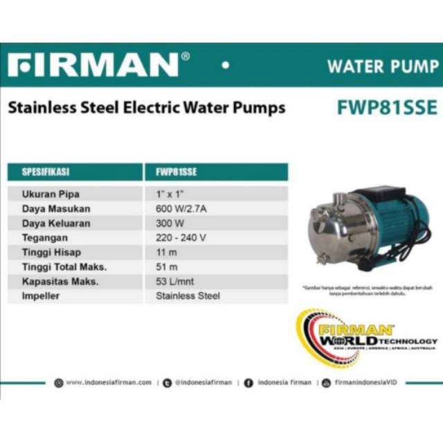 Pompa Air Semi jet Stainless Steel Firrman FWP 81 SSE / FWP81SSE