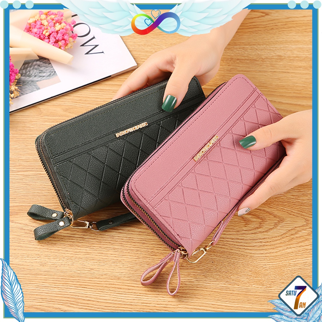 Dompet Panjang Wanita Zipper Fashion Korea Dompet Clutch Cewek 2 Resleting PU Satu7an D55