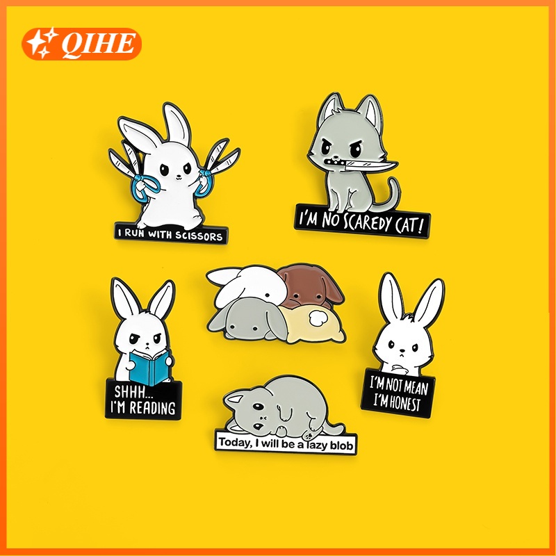 Bros Pin Enamel Bentuk Kartun Hewan Kucing Kelinci Untuk Jaket Denim