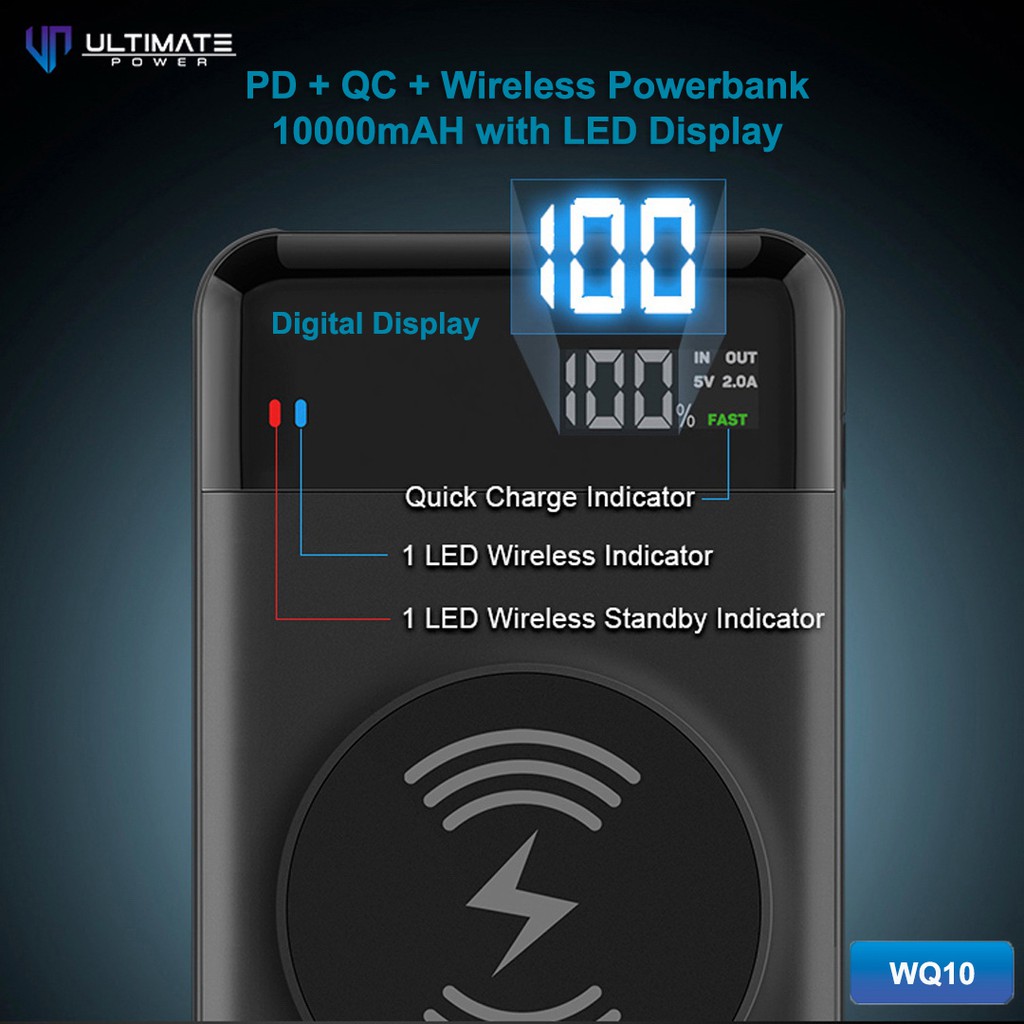 Powerbank 10000mAh Ultimate Power Wireless PD + QC with LED Display WQ10 Garansi resmi ulimate