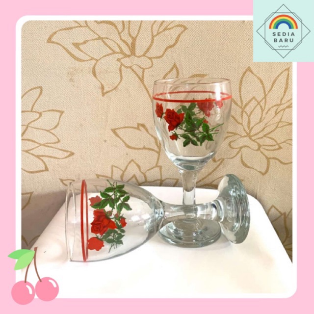 Gelas kaca Elegance set 6 pcs motif bunga mawar mewah Gelas WINE