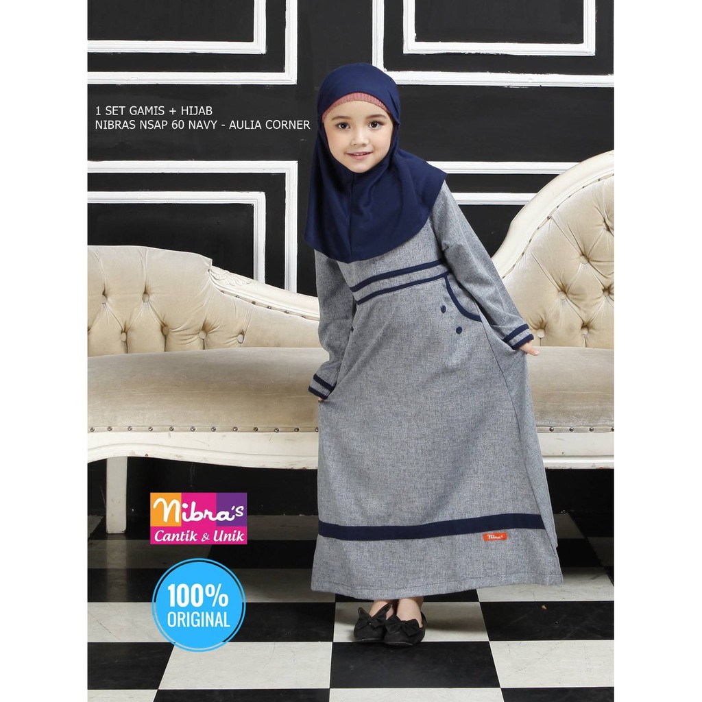 Busana Muslim Gamis Anak Terbaru Nibras Nsap 60 Navy ORIGINAL Model Gamis Brokat Anak Kecil