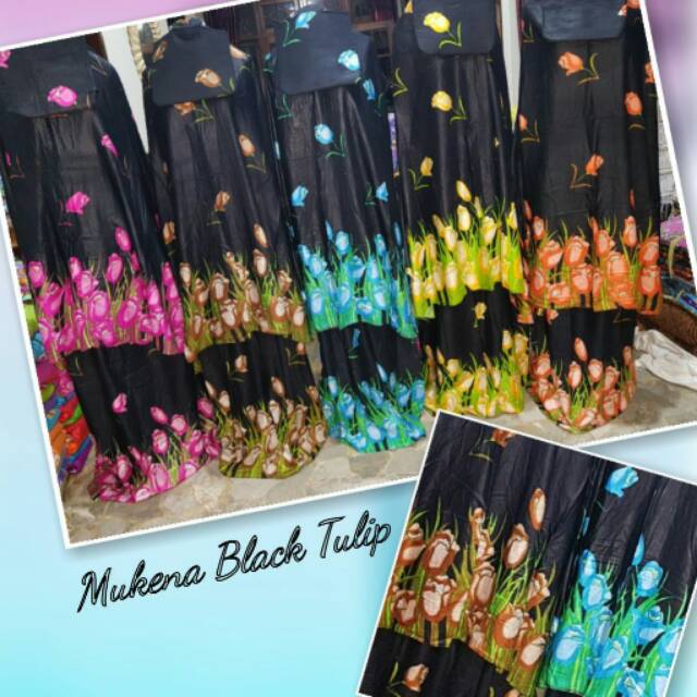 Mukena Bali hitam motif bunga tulip l l