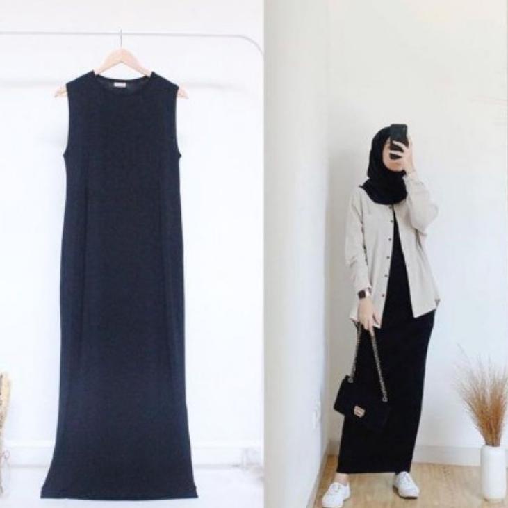 Inner Span Dress Tanpa Lengan Bahan Jersey Long Dress Pakaian Wanita • SPG.26Au22ᵂ