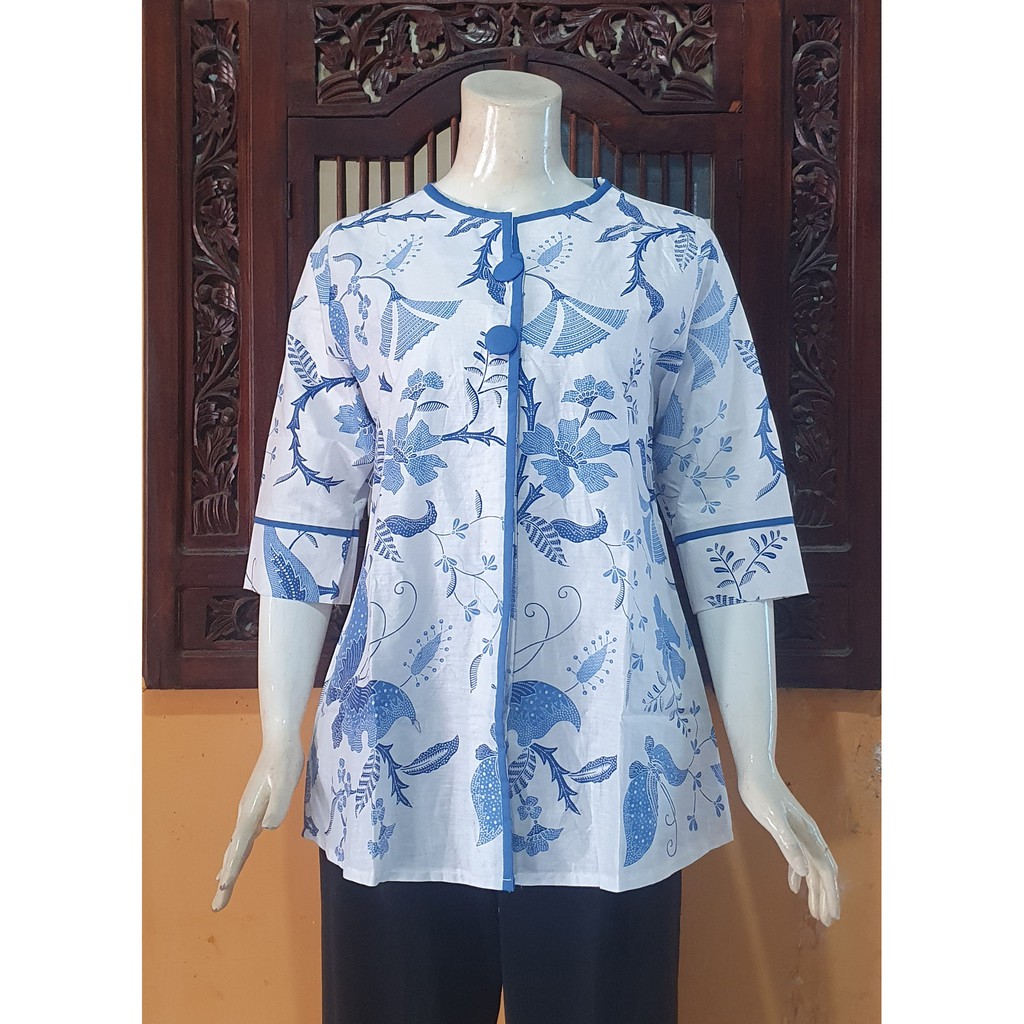 NEW Atasan Blouse Batik MOSA Blus Wanita Lengan Pendek 3/4 Kancing Depan. Motif Batik Pekalongan -250-Rengsi 2 Biru