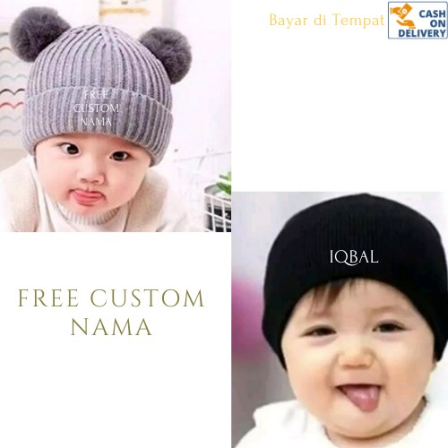 Free Custom Bordir Nama Kupluk Bayi Anak Polos Salur dan Model Pompom Bahan Rajut