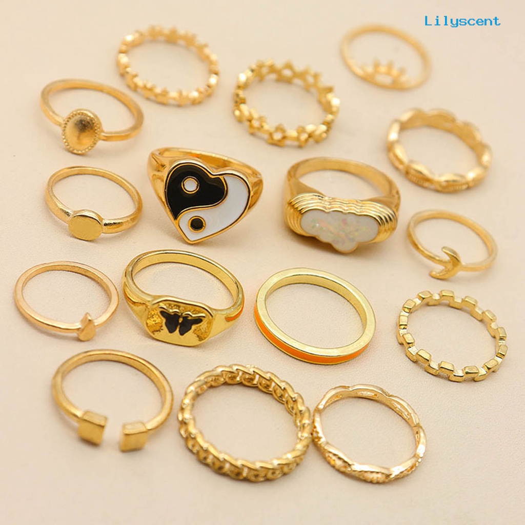 16pcs Cincin Knuckle Bentuk Yin Yang Multi Bentuk Stackable Untuk Wanita