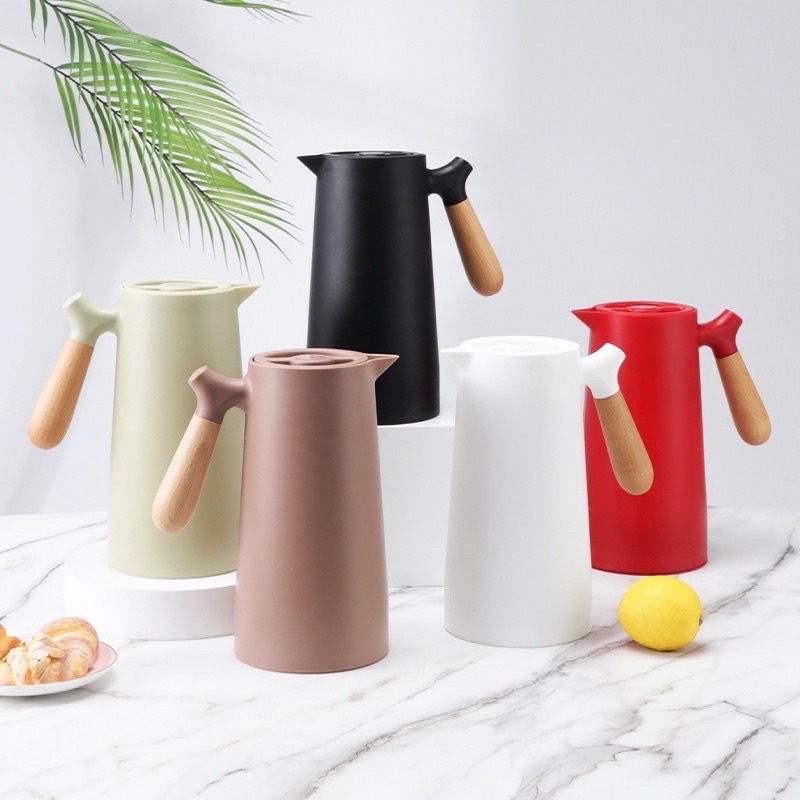 Teko Termos Air Panas Vacuum Flask dengan Handle Motif Kayu 1000ml