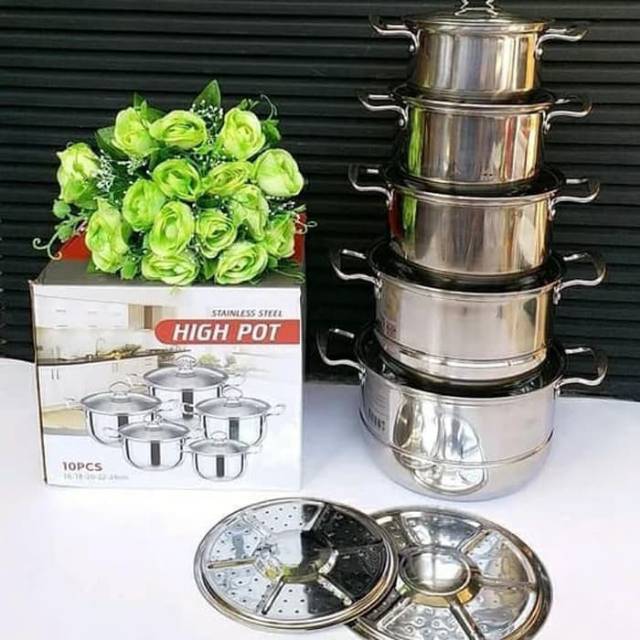 Panci set steamer high pot tutup kaca 5pcs
