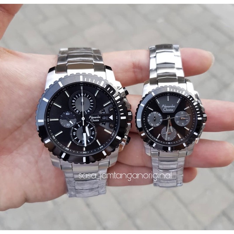 Jam Tangan Alexandre Christie Ac 6455 Original Silver Black Couple