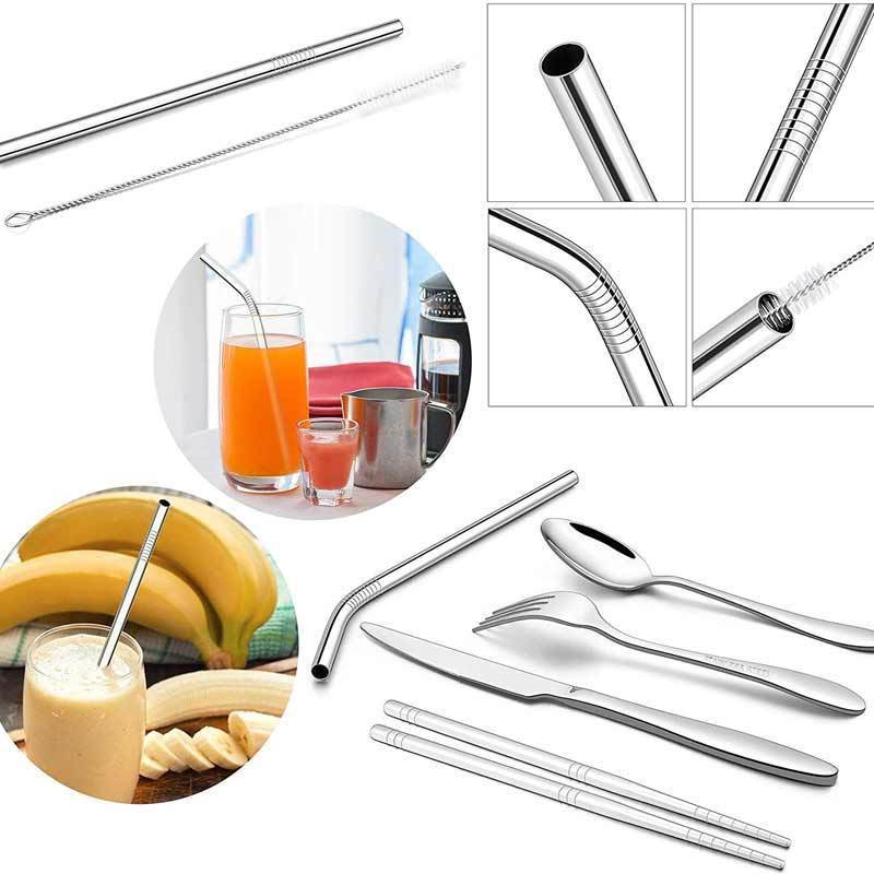 Cutlery Set Travel Paket Alat Makan Sendok Garpu Pisau Sumpit Sikat Pembersih Sedotan Stainless