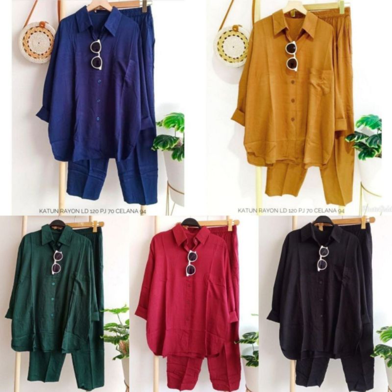 One Set Rayon Jumbo LD 120 Setcel Wanita Polos Setelan Baju Tidur Premium