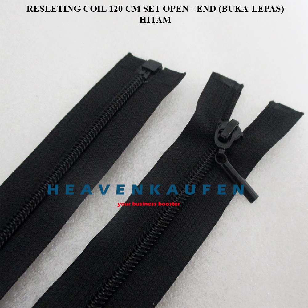 Resleting Zipper Panjang 120 cm Type Gigi Coil Gigi Halus Set Open - End / Buka - Lepas Hitam