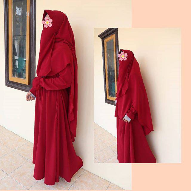 Jauza set syari / Set syari maroon /gamis set /khimar / gamis / set syari
