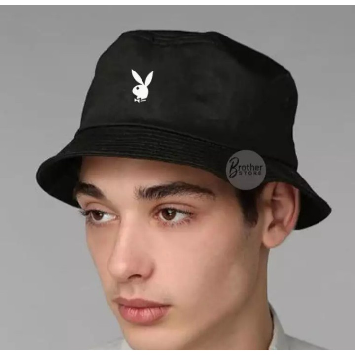 TOPI BUCKET HATS PRIA WANITA LOGO PLAYBOY WHITE PREMIUM