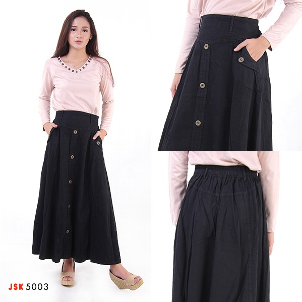 Rok panjang muslim Jeans Wanita Hijab JSK 5003 Hitam Dongker Rok Cewek Maxi karet/lebaran/kantor