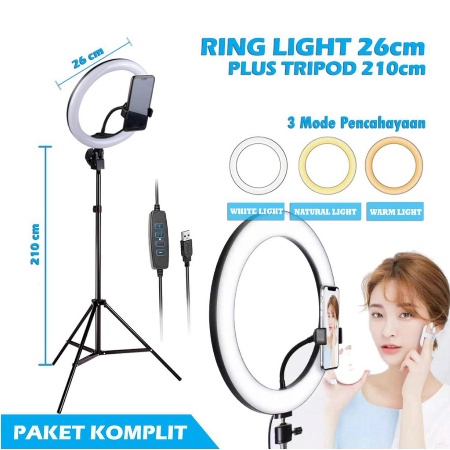 Paket Komplit Ringlight 26cm + Tripod 2,1 Meter Make Up Vlog Lampu Ringlight GROSIR UNIK