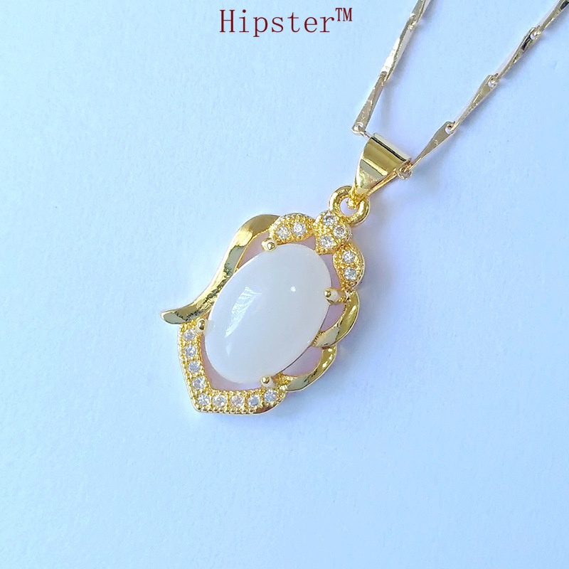 Vintage Hot Sale Golden White Jade Jeweled Pendant Temperament Wild Clavicle Chain