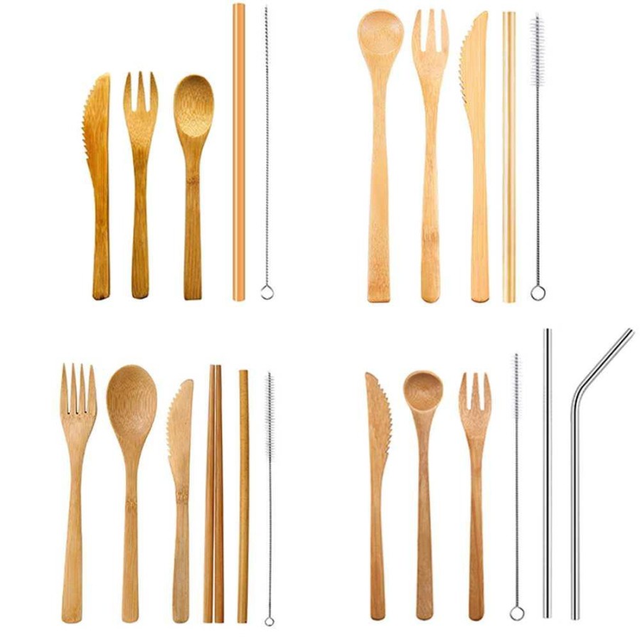 Cutlery Set Perlengkapan Makan Sendok Garpu Pisau Sumpit Sedotan Japanese Style Bamboo - EA02510 - Wooden