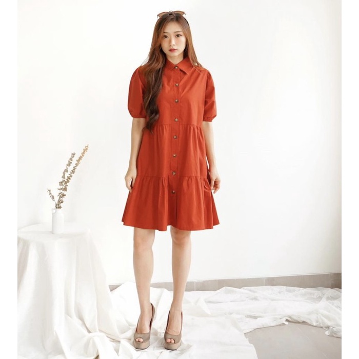 DRESS CASUAL MIDI DRESS TERUSAN POLOS WANITA KATUN PREMIUM - Orange
