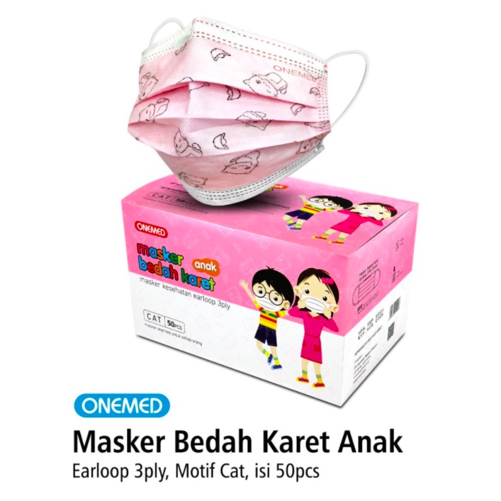 Masker Medis Karet Anak Motif Cat OneMed Box Isi 50Pcs Masker Medis Anak