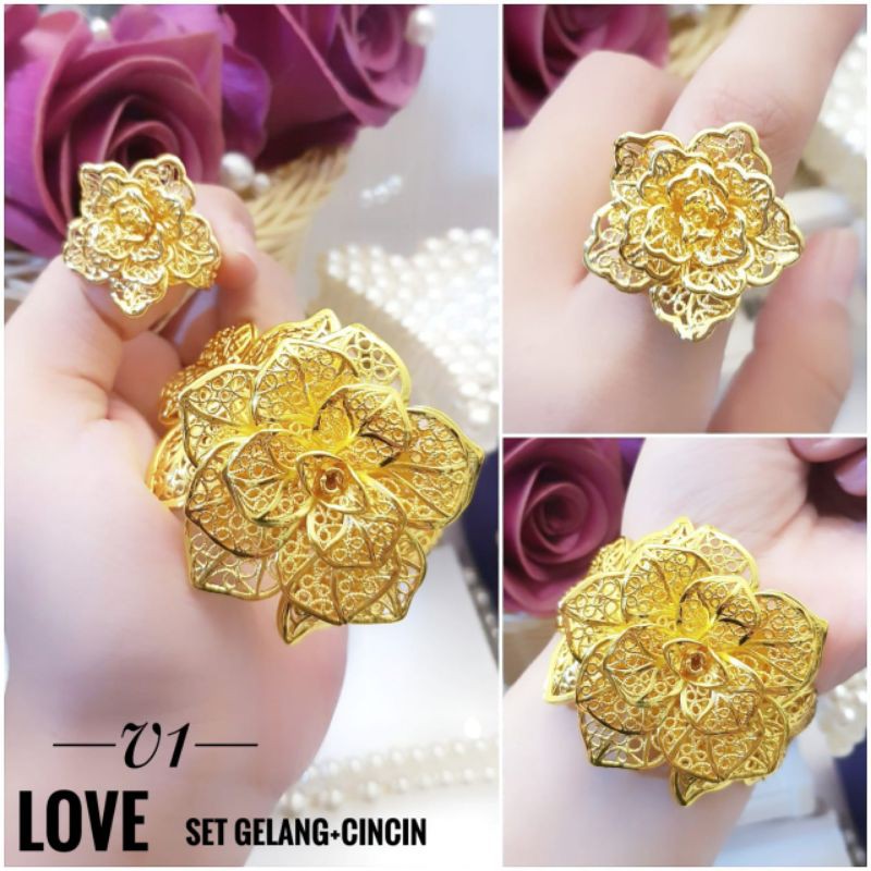 (MAR) PROMO Set Perhiasan Lapis Emas Xuping Gelang Cincin Bunga Mawar Rose Gold Mewah Titanium Modis
