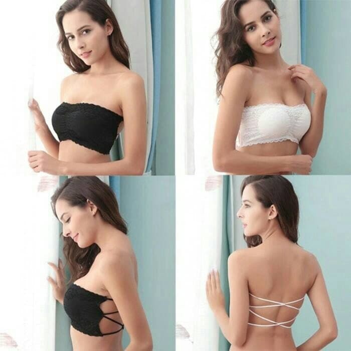 cd 577Bra Kemben Busa Tali Silang Belakang Brukat Tanktop Camisole Bikini - Putih