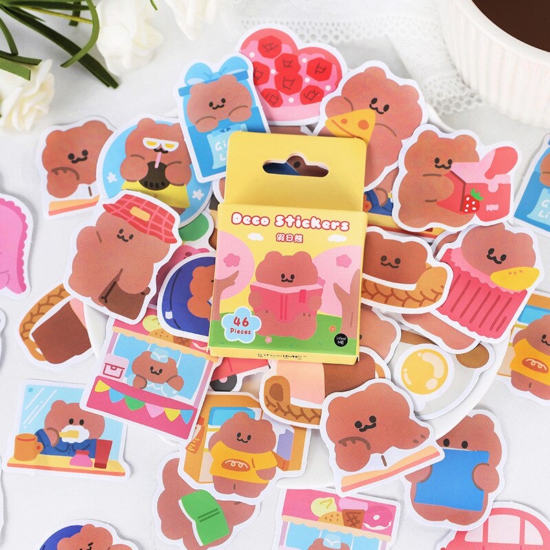 

46 Pcs Deco Sticker Box Food Bear Cute Pastel Planner DIY Scrapbook Stiker Dekor Kotak Colorfull