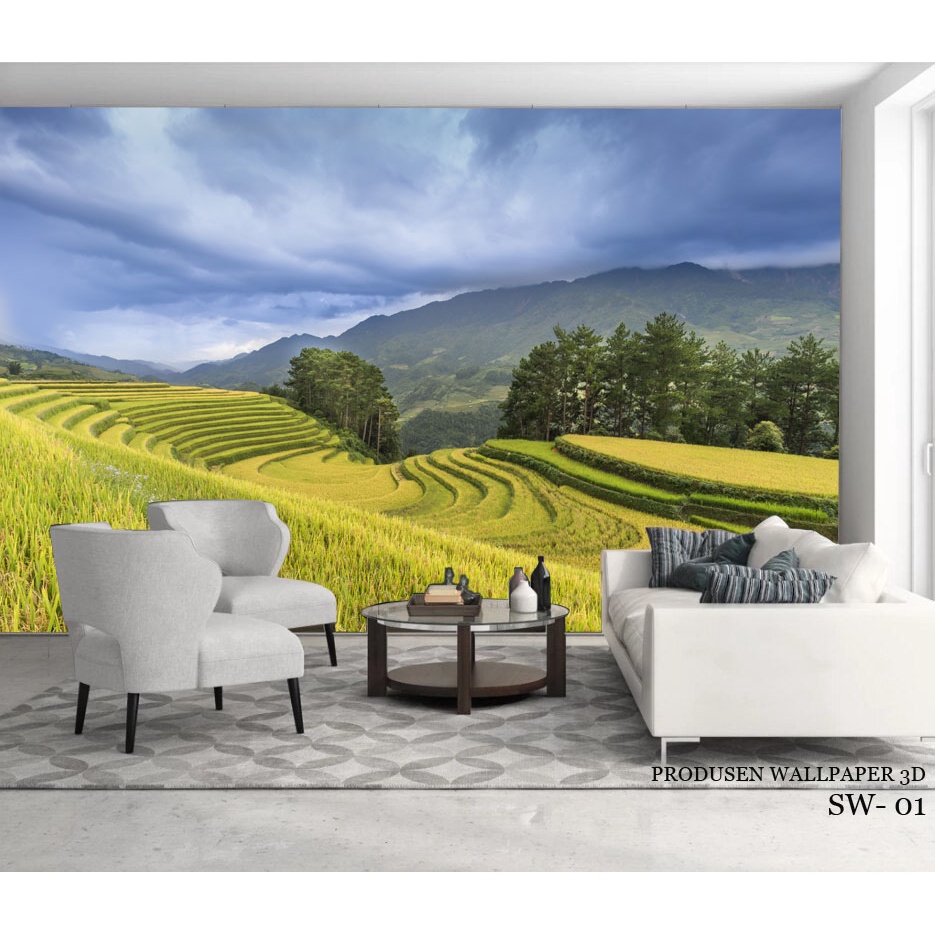 Cetak Wallpaper Custom 3d Pemandangan Sawah, Wallpaper Dinding Sawah Padi 3 Dimensi