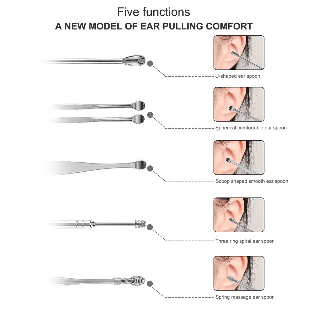 6 Pcs/set Alat Pembersih Penghilang Kotoran Telinga/Penjemputan Kotoran Telinga Stainless Steel Lilin Telinga Sendok Telinga Set     Ear pick set