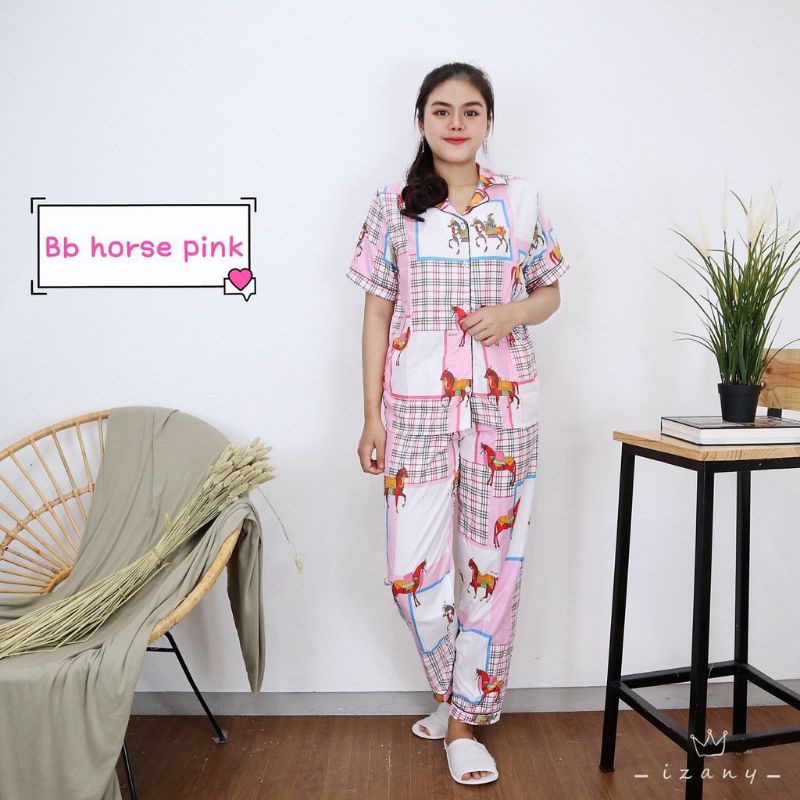 Baju Tidur Piyama Wanita Dewasa Piyama Baju Santai Motif Bunga-Horse pink