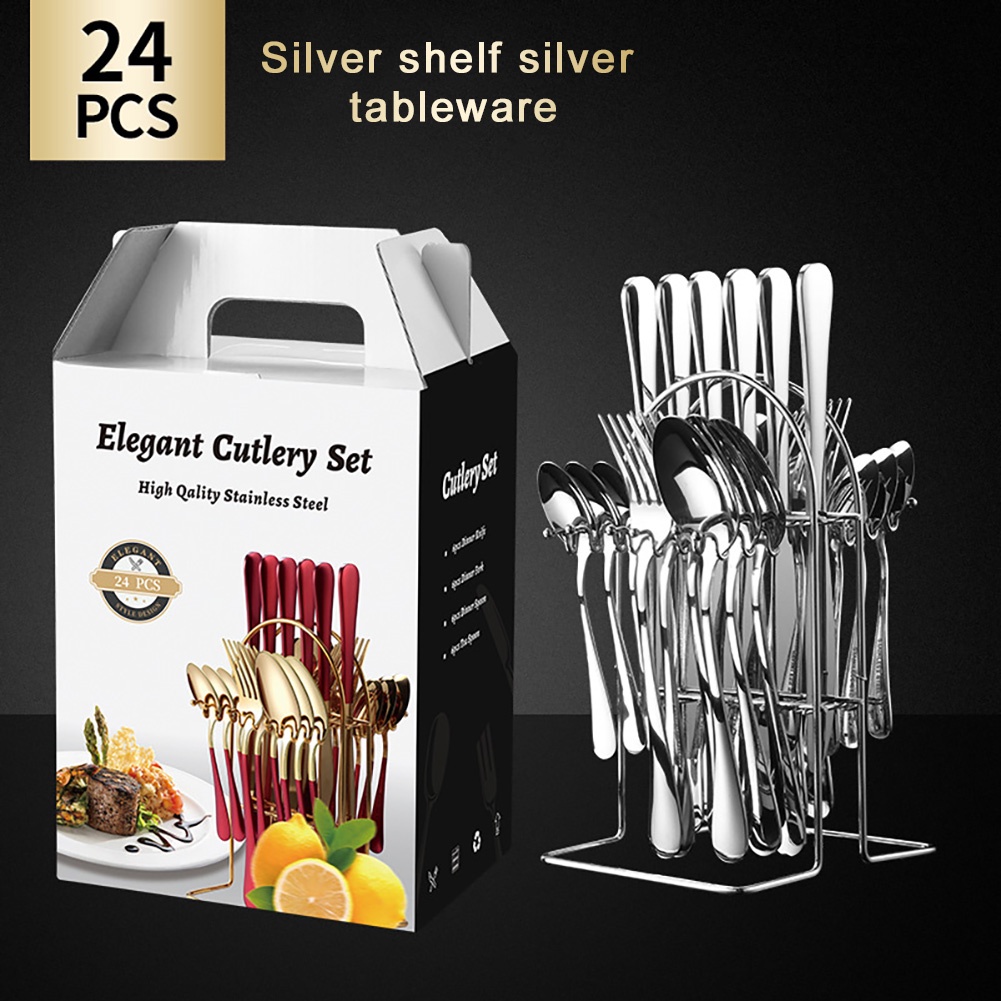 24pcs / Set Kotak Peralatan Makan Bahan Stainless Steel Lapis Titanium Gaya Barat 24 Pcs Untuk Hadiah