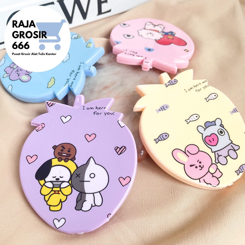 CERMIN RIAS MOTIF  BT21 / KACA BULAT KECIL / CERMIN MAKE UP PORTABLE KPOP KACA SAKU POCKET-1