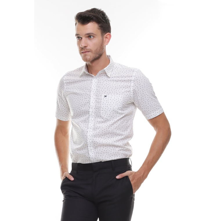 Johnwin - Kemeja Formal - Kemeja Pria - Kemeja Lengan Pendek - Slim Fit - Putih - Polkadot Abu - FSH