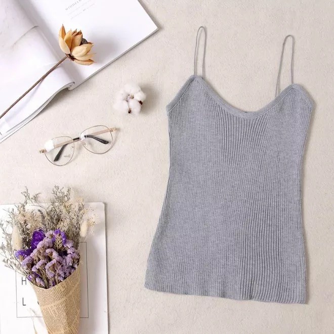 ✨WINGALERY✨ Korea Knit Tank Top Wanita / Kamisol Rajut / Tanktop Polos Import 4030-GRAY