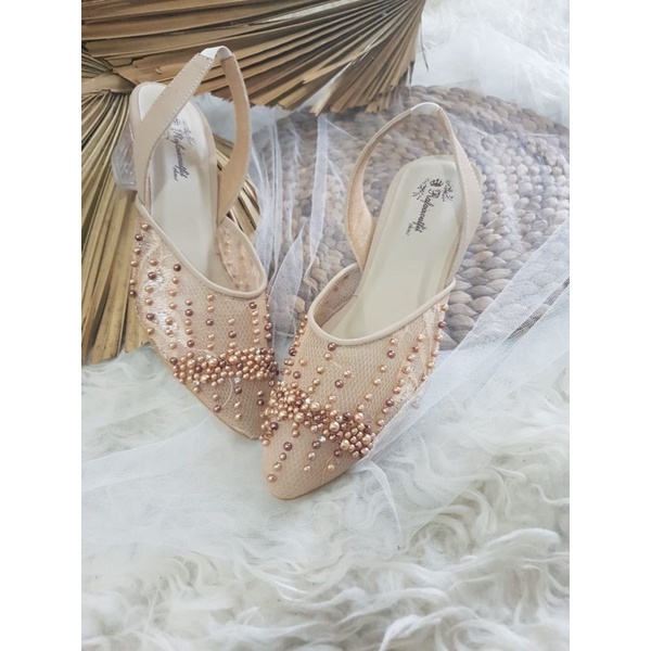 sepatu wedding shoes wrna cream tali tinggi 5cm kaca