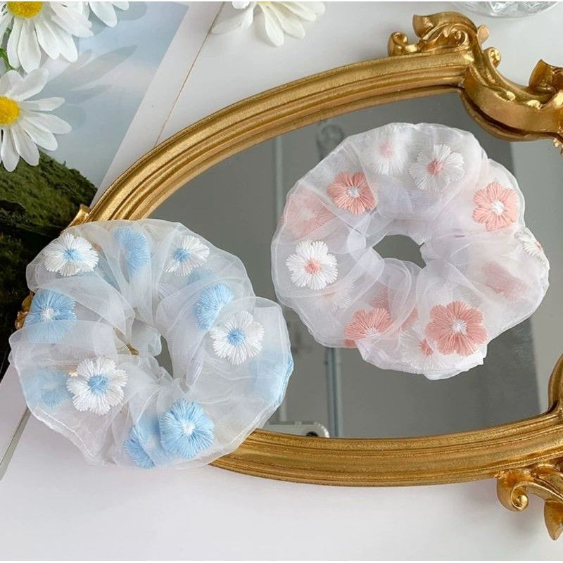 Ikat Rambut Korea Scrunchie Daisy Bunga Rambut Karet Rambut Chiffon Wanita