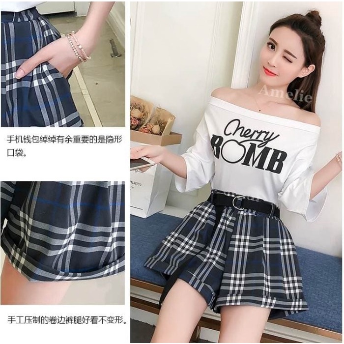 Setelan Baju Wanita Blouse Celana Pendek Kotak Korea Import AB434143