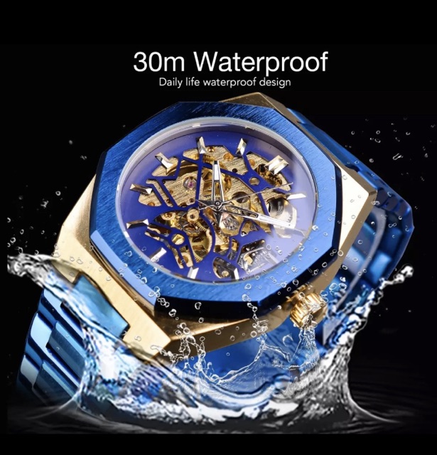 Jam Tangan Pria Automatic Forsining Oak Original Transparan Gold Royal Blue